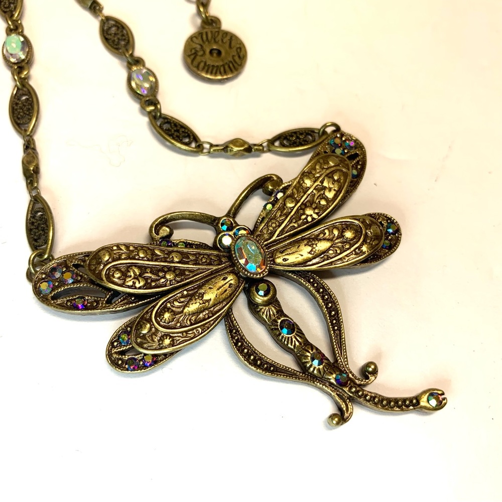 Iridescent Sweet Romance Dragonfly Bronze Crystal Necklace
